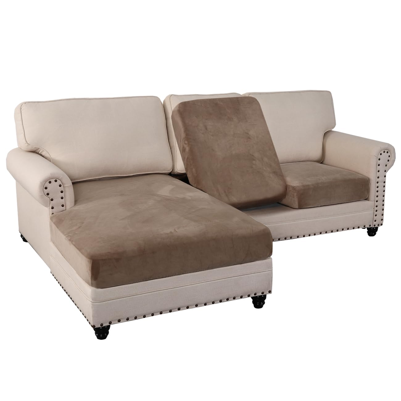 PrinceDeco Soft Velvet Sectional Couch Covers 3 Piece for Sectional Sofa L Shape Separate Cushion Couch Chaise Cover for Both Le