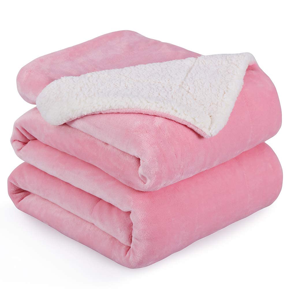 Nanpiper Flannel Blanket Reversible Sherpa Throw Blanket Super Soft Fuzzy Plush Fleece (90'X90',Pink) Queen