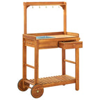 vidaXL Garden Kitchen Trolley with Storage and Hooks, Portable Serving Cart, Solid Acacia Wood Construction, Indoor or Outdoor Use, Brown