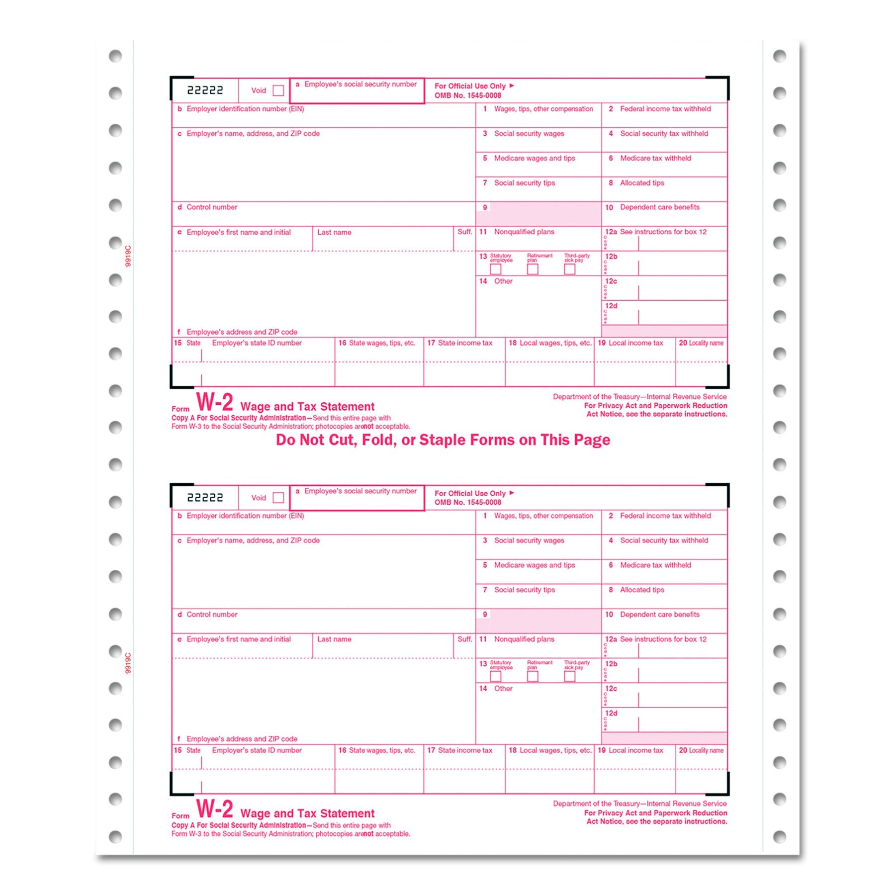 Tops 2206C W-2 Tax Forms, 6-Part Carbonless, 5 1/2 X 8 1/2, 24 W-2S & 1 W-3
