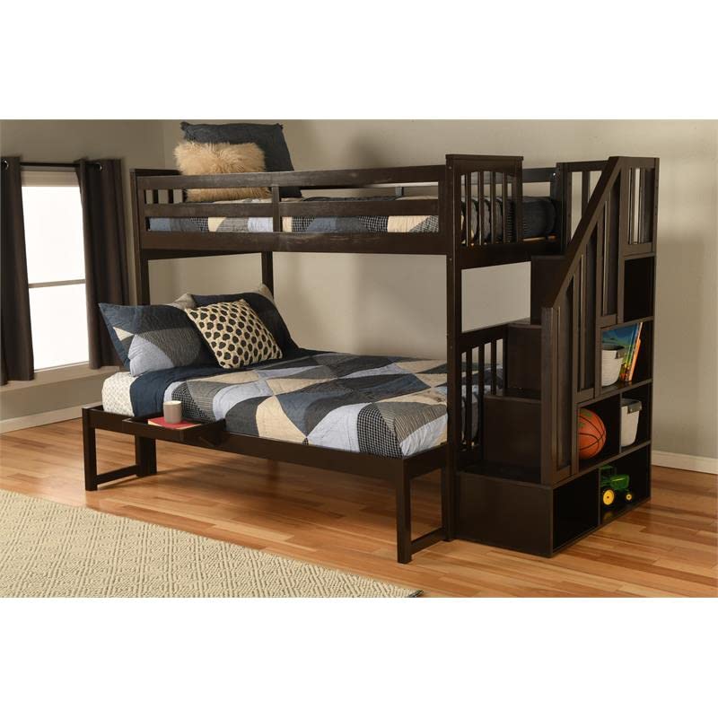 Kodiak Furniture Kelcie Twin/Full Wood Bunk Bed with Storage and Tray in Dark Chocolate Brown