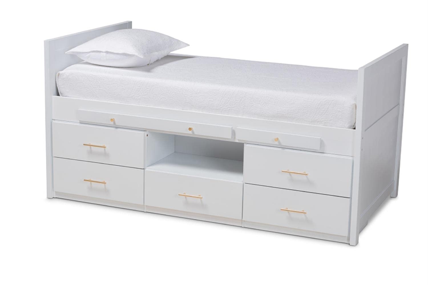 Baxton Studio Mirza Modern and Contemporary White Finished Wood 5-Drawer Twin Size Storage Bed with Pull-Out Desk