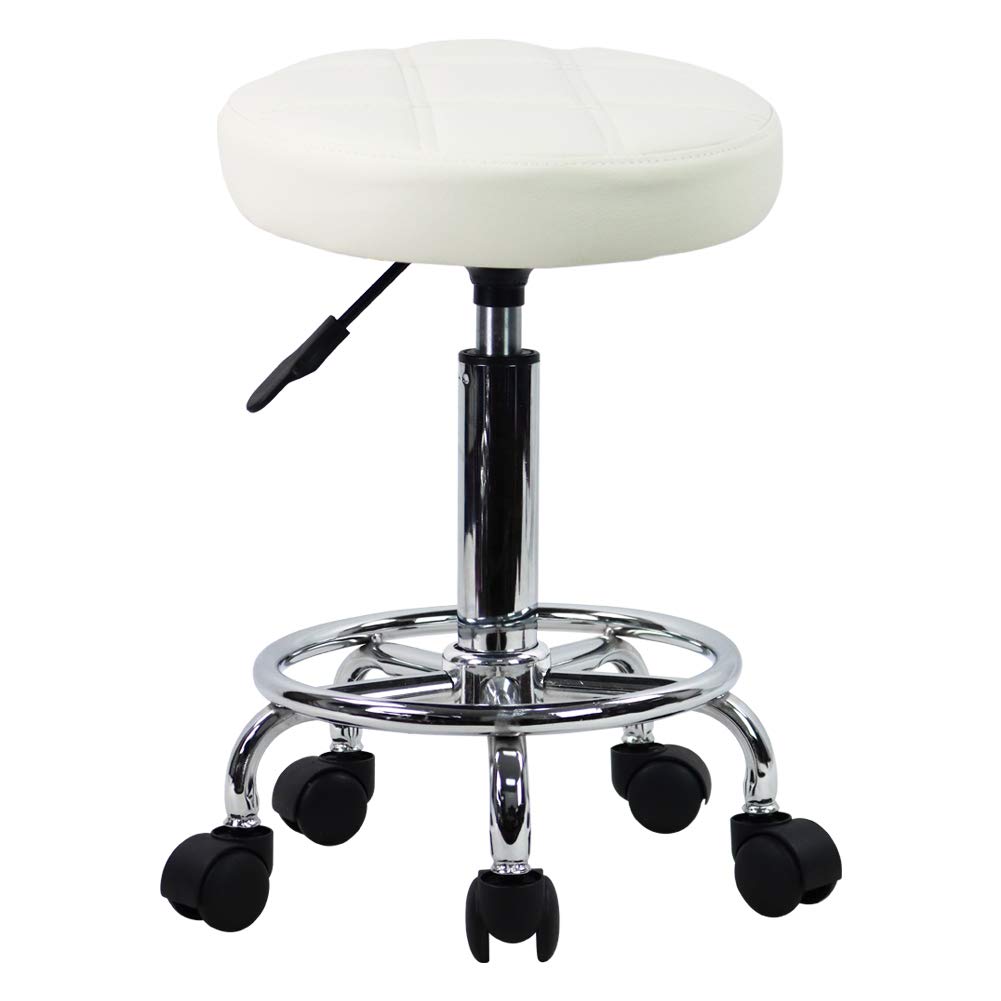 Kktoner Round Rolling Stool Chair Pu Leather Height Adjustable Swivel Drafting Work Spa Shop Salon Stools With Wheels Office Chair Small (White)