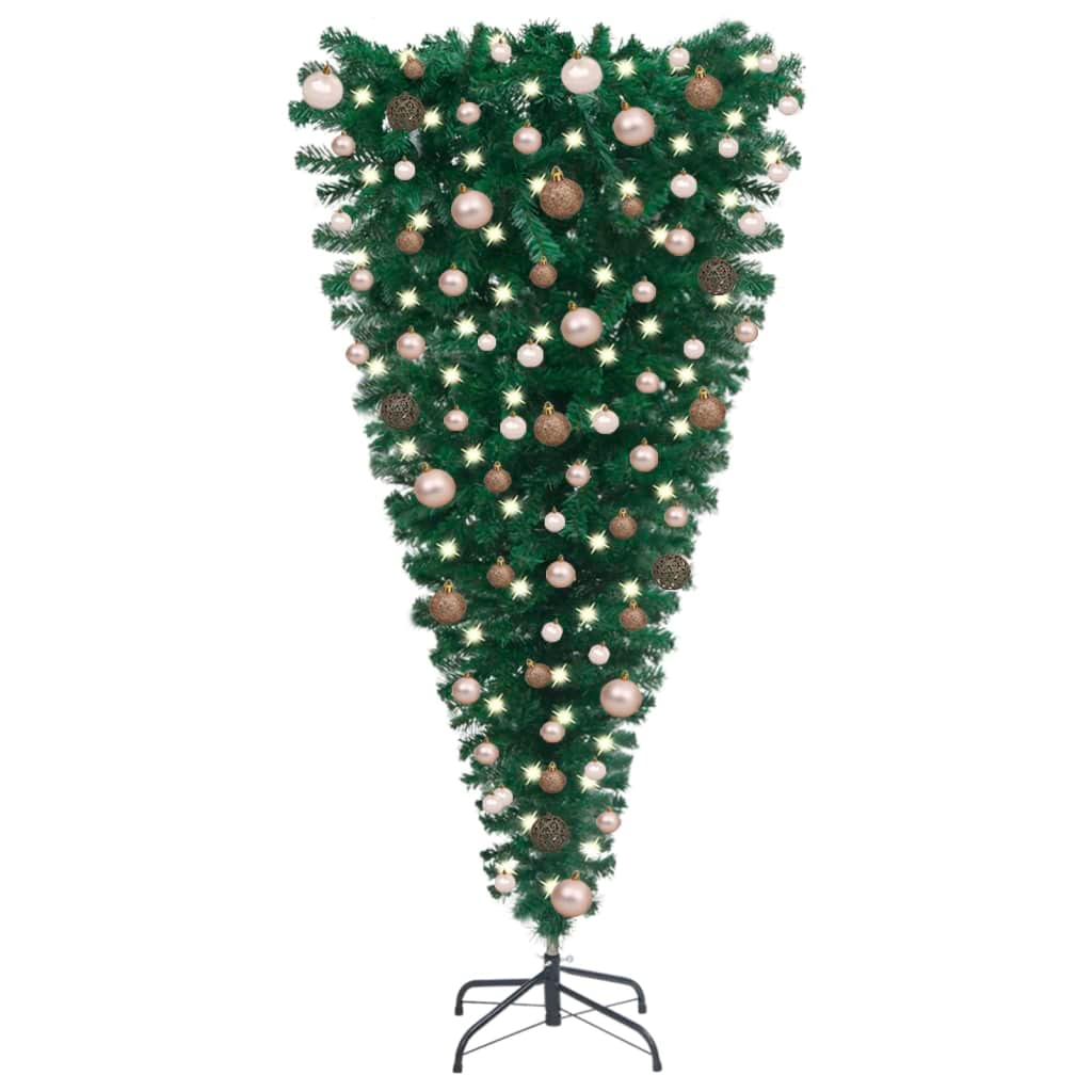 vidaXL 82.7&quot; Upside-Down Artificial Christmas Tree with Adjustable Branches, LED Lights & Rose Gold Ball Set, Sturdy Steel Stand Included, Green