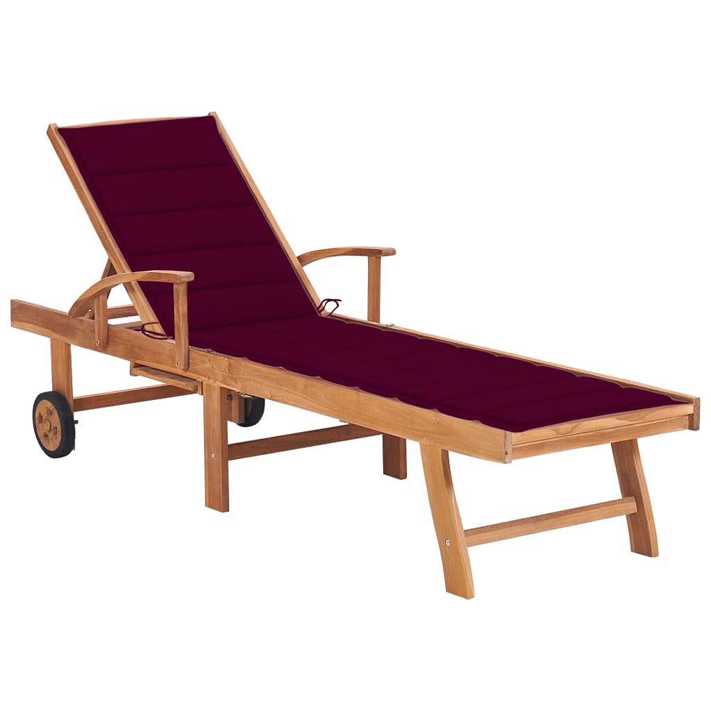 Vidaxl Teak Wood Sun Lounger With Wine Red Cushion - Weather-Resistant, Adjustable With Wheels For Outdoor Living- Patio, Garden, Pool Deck