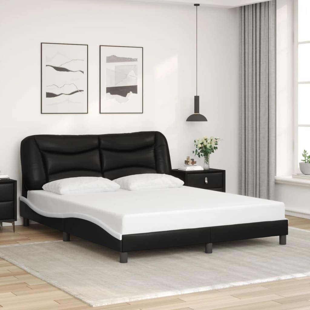 vidaXL Queen Faux Leather Bed Frame with LED Lighting - Black and White, Stylish Waved Design, Comfort Headboard, USB Connector