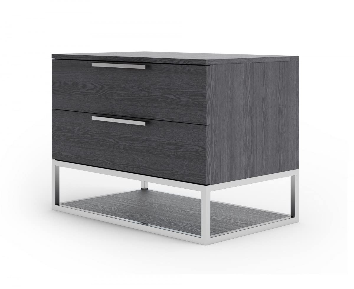 HomeRoots Elm Grey Veneer, Steel Contemporary Elm Gray and Stainless Steel Nightstand with Two Drawers