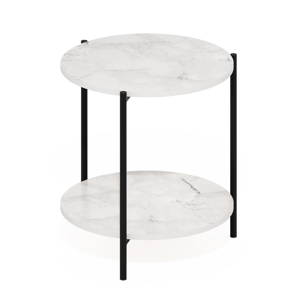 Furinno Besi 2-Tier Modern Round Side End Table With Sturdy Metal Legs, 15.55 (W) X 10.58 (H) X 5.46 (D) Inches, Marble White