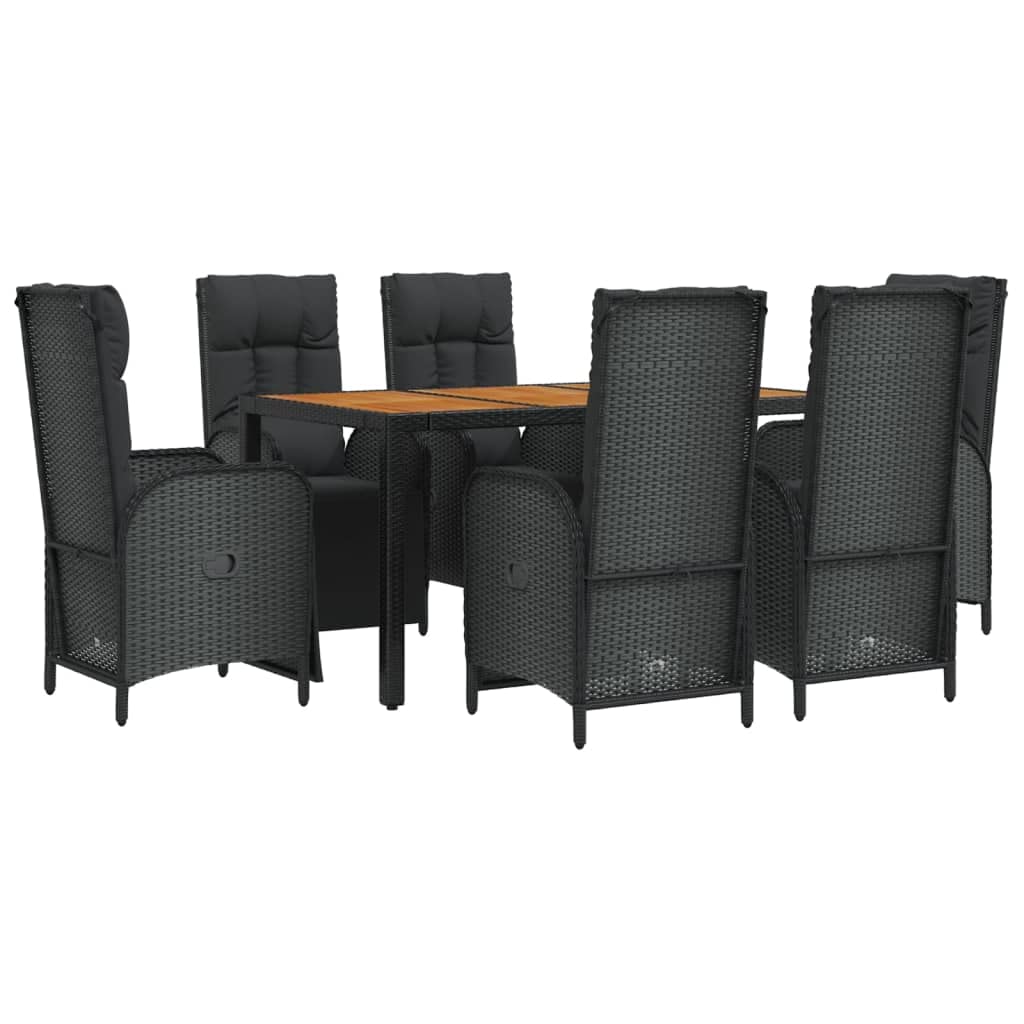 Vidaxl 7-Piece Patio Dining Set - Black Poly Rattan, Reclining Chairs With Cushions, Sturdy Steel Frame, Acacia Wood Table