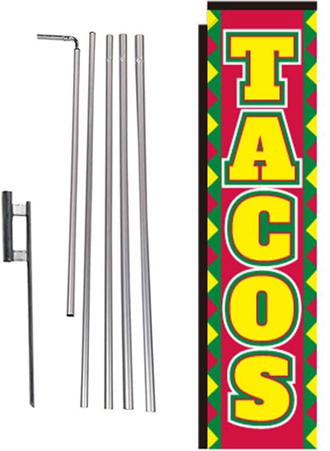 Tacos Mexican Food Rectangle Feather Banner Flag With Pole Kit And Ground Spike For Restaurants, Markets, Business Owners
