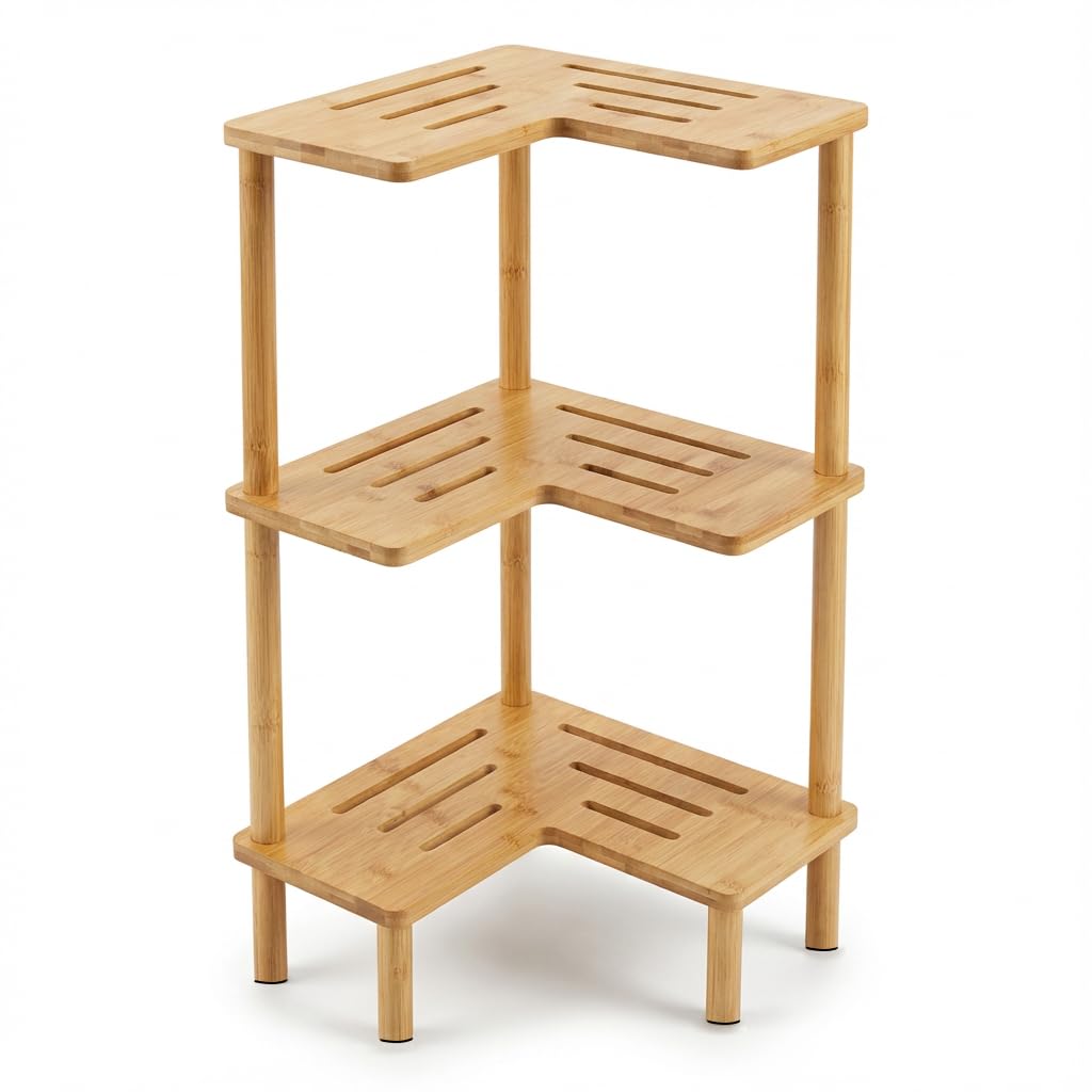 JEDULAR Corner Shelves Shower Caddy Stand 3Tier,Bamboo Space Saving Shower Organizer,With AntiSlip Feet,Bathroom Shelves for I