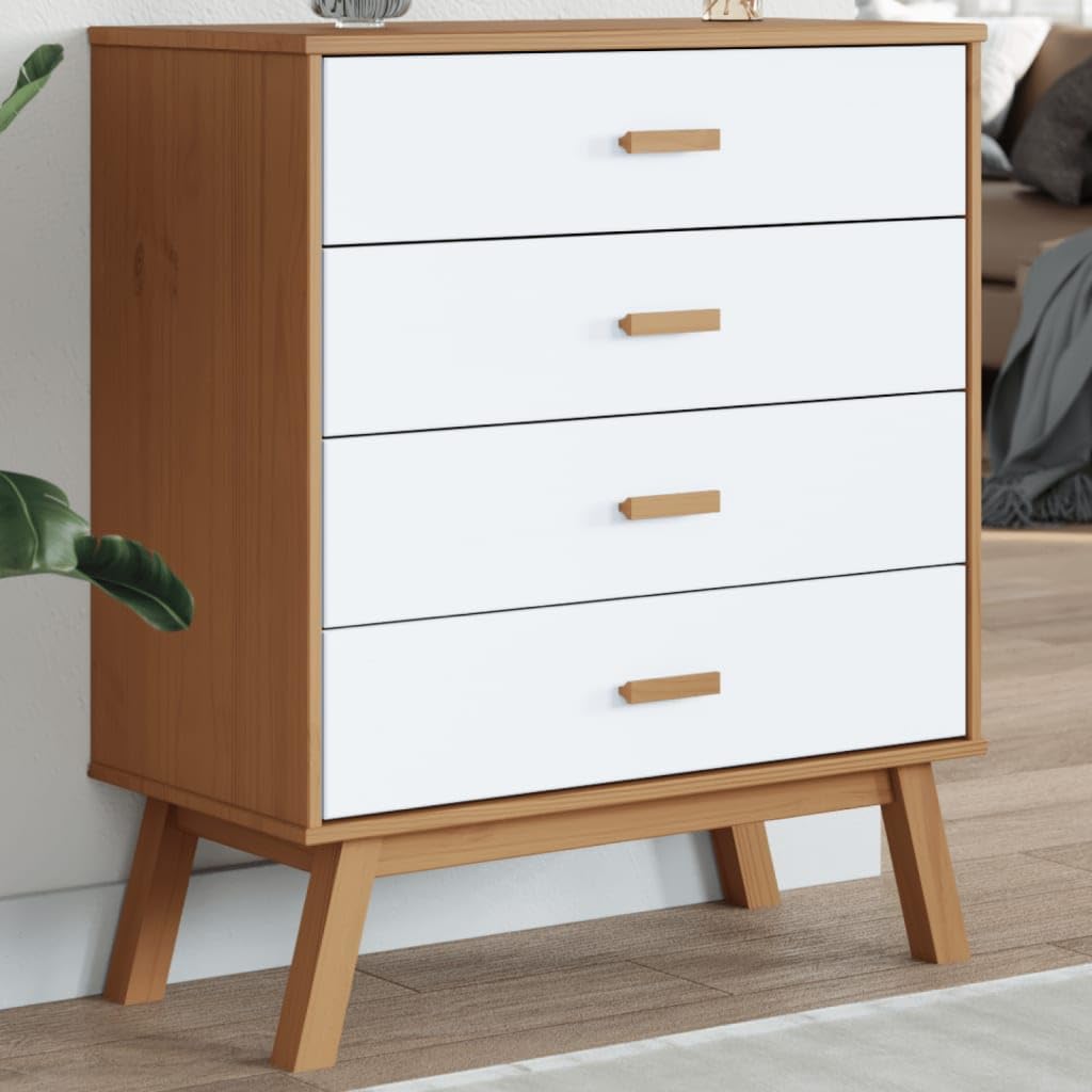 vidaXL Olden Drawer Cabinet - White/Brown Solid Pinewood, 4 Drawers, for Storage and Display in Living Room/Bedroom, 30.1&quot;x15.4&quot;x35.4&quot;