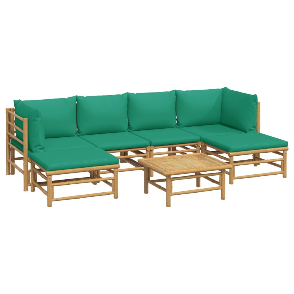 vidaXL 7-Piece Patio Lounge Set, Outdoor Furniture with Green Cushions, Durable Bamboo Material, Comfortable Seating with Practical Table, Modular Design, Easy Assembly