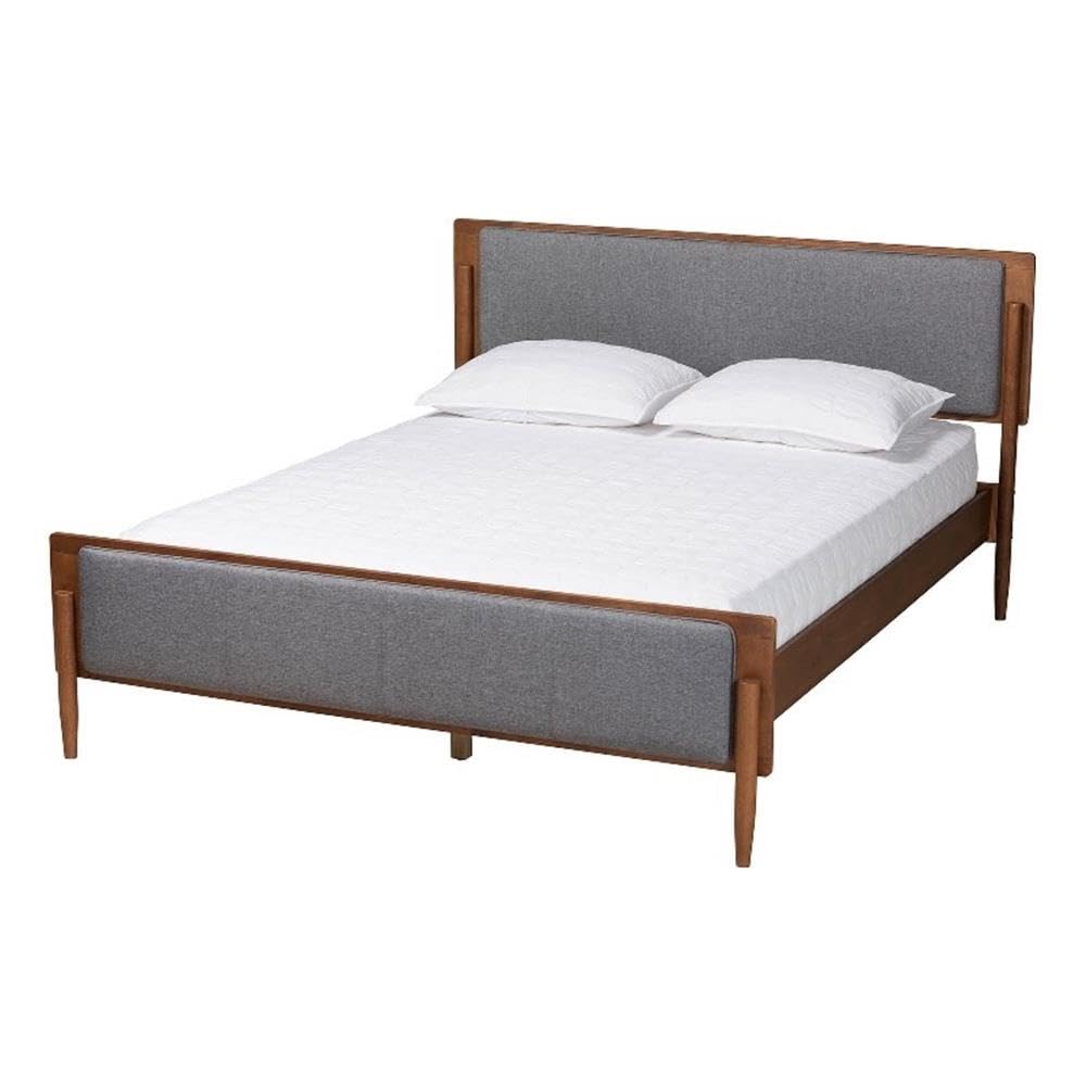 Baxton Studio Powers Mid-Century Modern Grey Fabric and Ash Walnut Finished Wood King Size Platform Bed