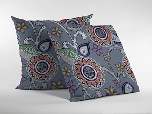 HomeRoots Red, Orange, Blue, Green On Gray Broadcloth 20â€ Gray Pink Floral Indoor Outdoor Throw Pillow