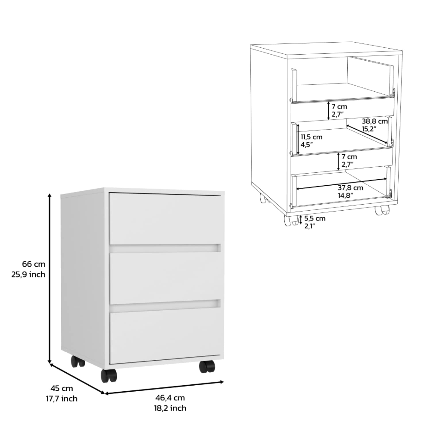 Ibero 3 Drawer Filing Cabinet, 4 Caster Wheels, 3 Drawers, Countertop, White, for Office