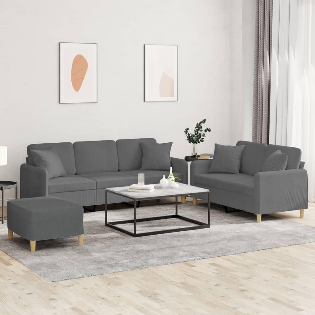 vidaXL Modern 3 Piece Sofa Set in Dark Gray Fabric - Includes 2 Seater Sofa, 3 Seater Sofa, and Footstool with Pillows