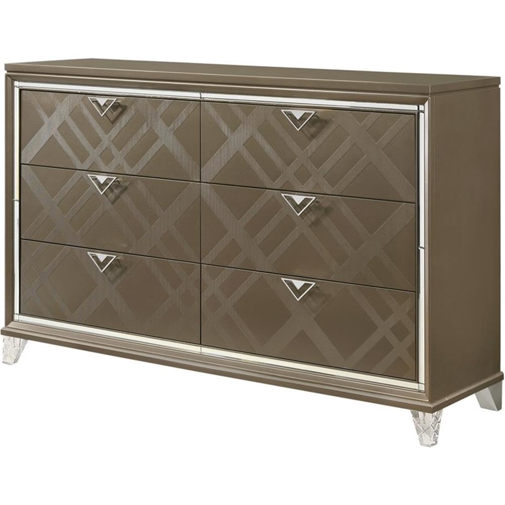 Acme Skylar 6-Drawers Wood Bedroom Dresser With Acrylic Legs In Dark Champagne