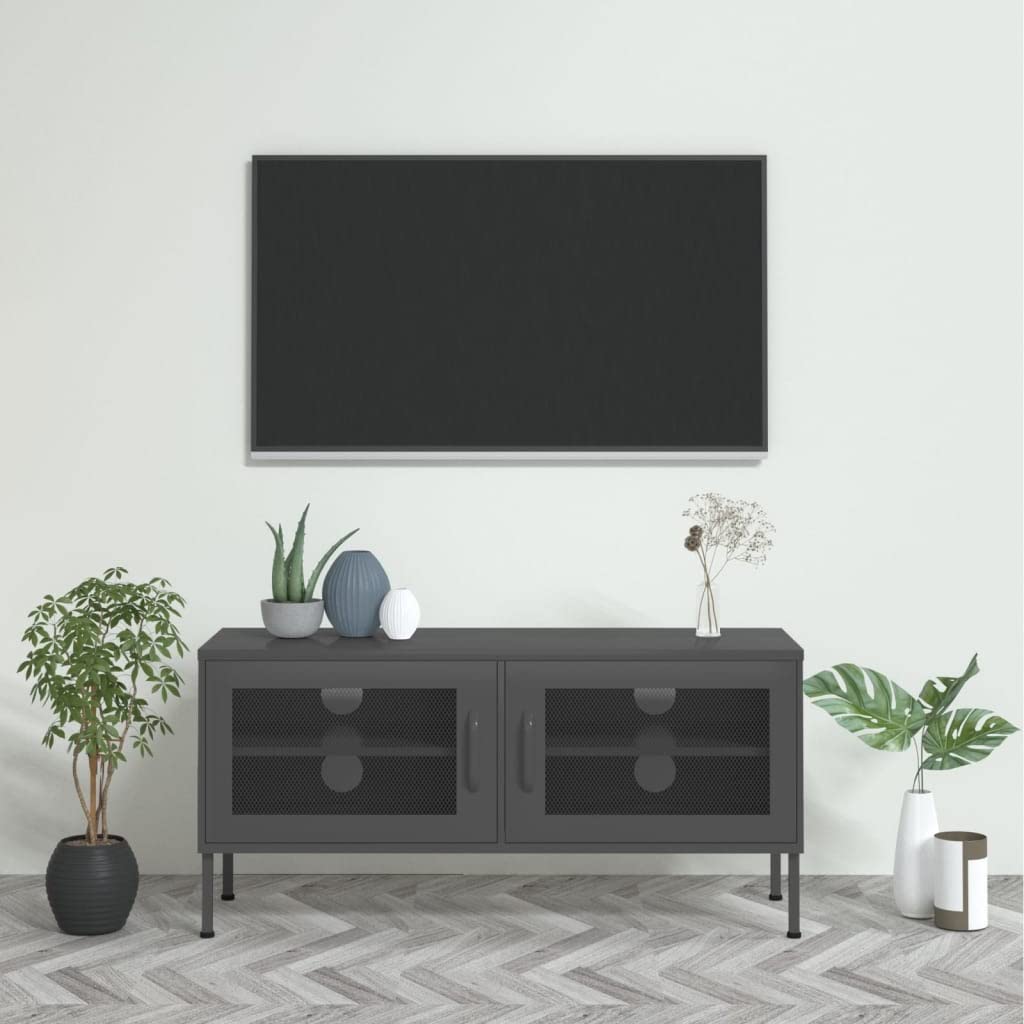 vidaXL Steel Industrial TV Stand - Vibrant Orange, Spacious Storage with Shelf and Mesh Doors, Easy to Clean, Adjustable Levelers, 41.3"x13.8"x19.7"