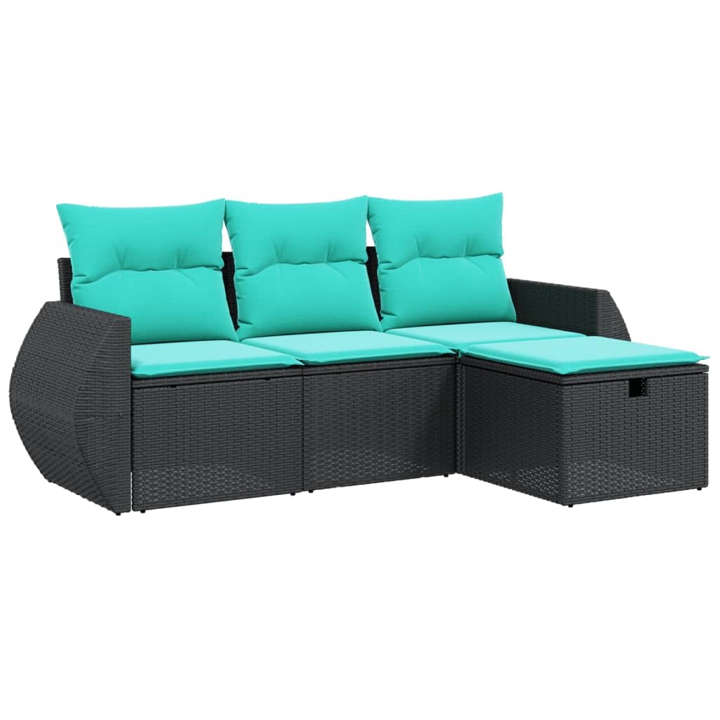 vidaXL Patio Sofa Set with Cushions - 4 Piece Modular Garden Furniture - Black Poly Rattan, Blue Cushions - Outdoor Terrace, Patio or Backyard Seating