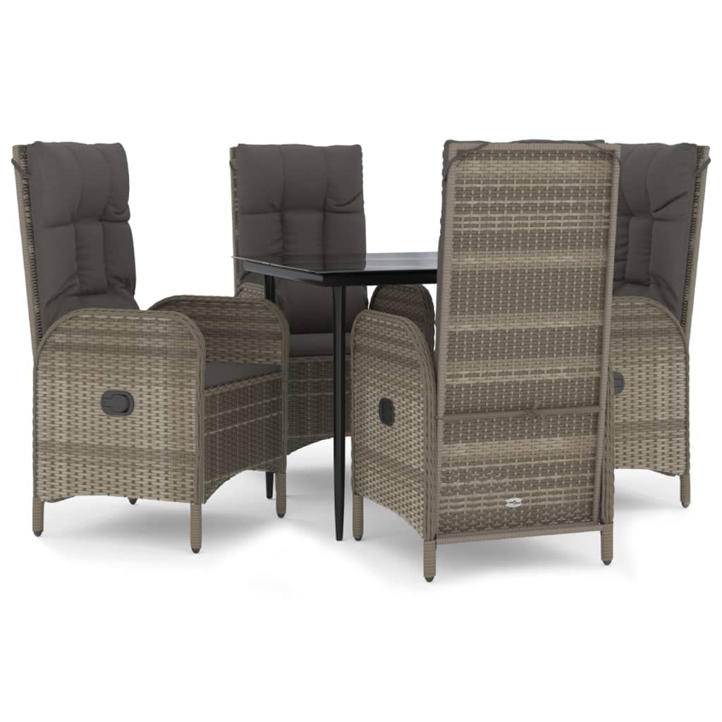 vidaXL 5 Piece Patio Dining Set - Reclining Garden Chairs and Cushions, Black/Gray Poly Rattan with Tempered Glass Tabletop, Weather Resistant