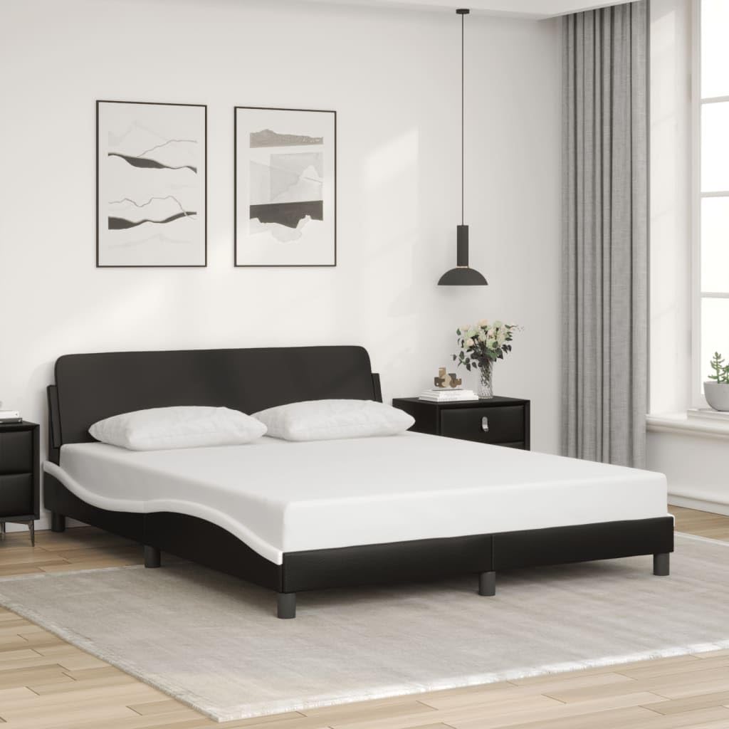 vidaXL Queen Bed Frame with Headboard - Black/White Faux Leather, Modern Design, Sturdy Legs & Plywood Slats, 85.8"x61.8"x29.3"