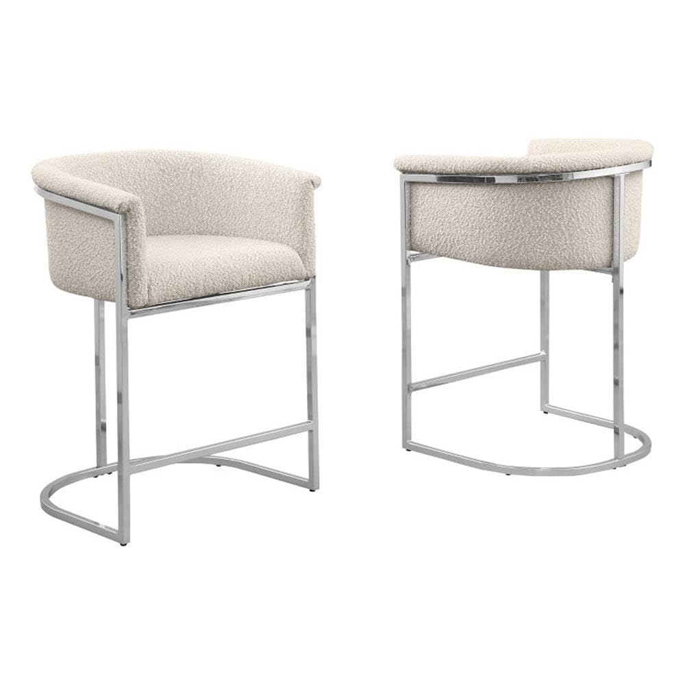 Best Quality Furniture Set Of 2 Modern Boucle Fabric Accent Counter Height Stools - Barrel Design, Chrome Legs, Cream, Silver Leg Finish