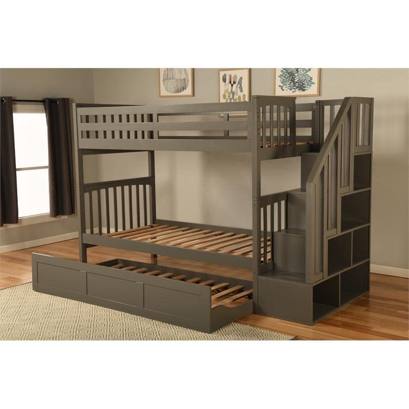 Kodiak Furniture Kelcie Twin/Twin Wood Bunk Bed with Storage and Trundle in Dark Gray