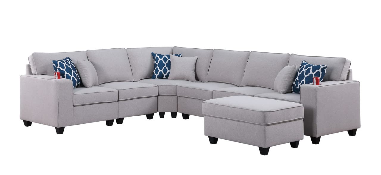 Lilola Home Cooper Light Gray Linen 7Pc Reversible L-Shape Sectional Sofa with Ottoman and Cupholder
