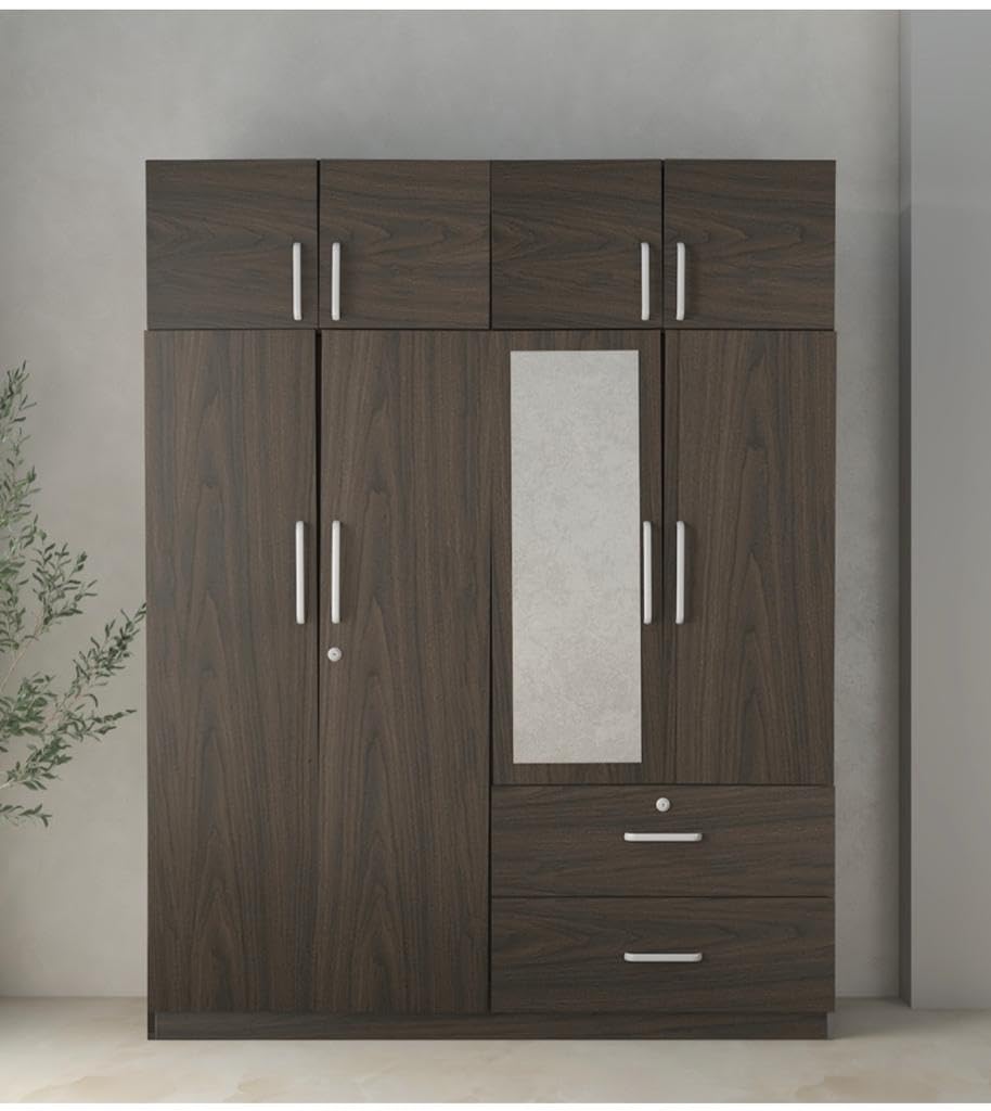 Caspian Engineered Wood Four Door Wooden Wardrobe (Rainforest Dark) | Furniture With Hanging Spaces & Mirror | Cupboard/Almirah 