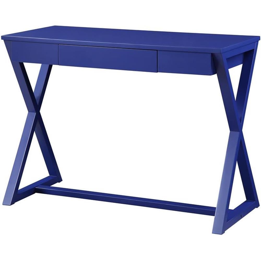 Acme NALO Wooden 1-Drawer Writing Desk with X-Shaped Base in Twilight Blue