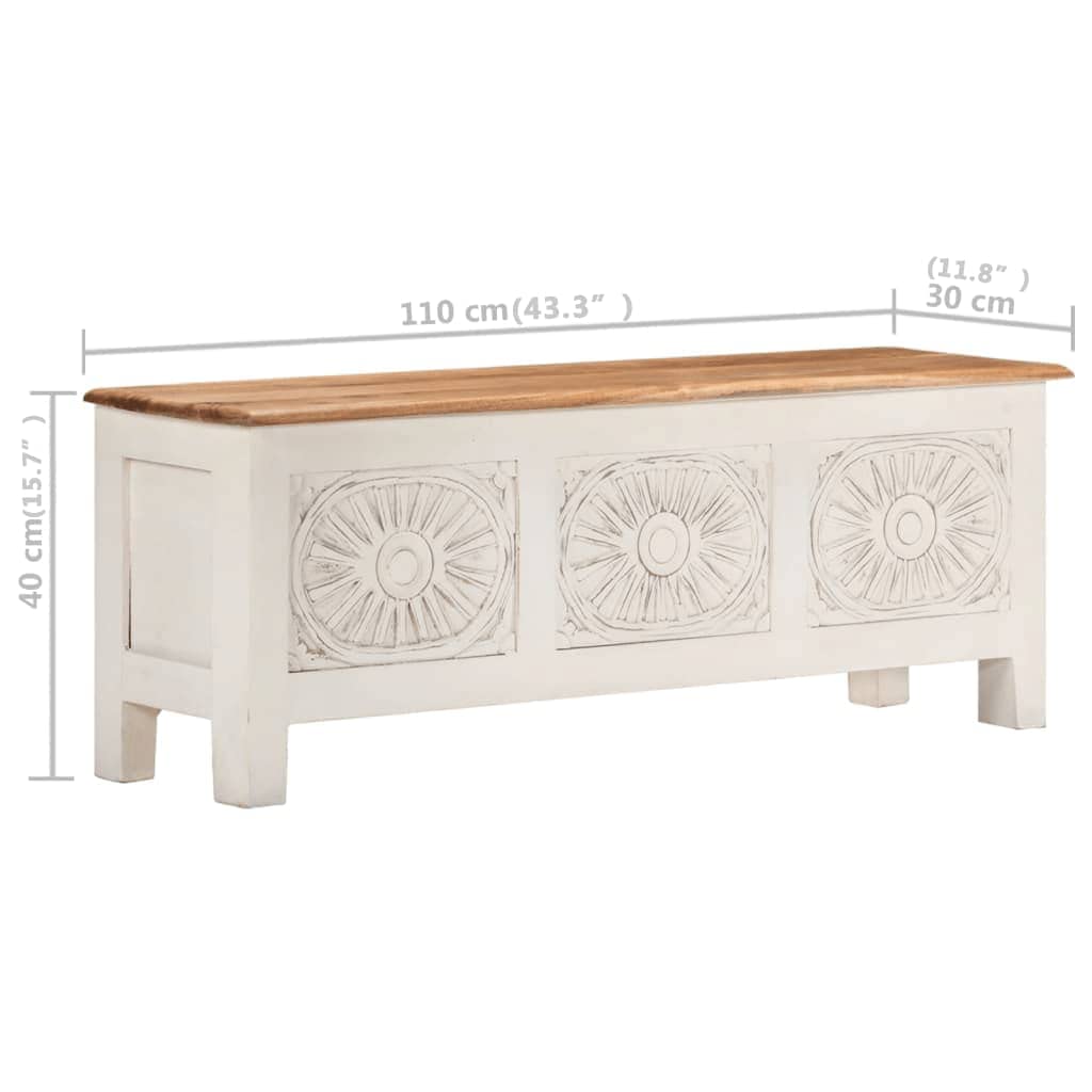 vidaXL Solid Wood Acacia Storage Box with Hand-Carved Patterns - White Wooden TV Cabinet/Sideboard with 1 Cabinet - 43.3&quot;x11.8&quot;x15.7&quot;