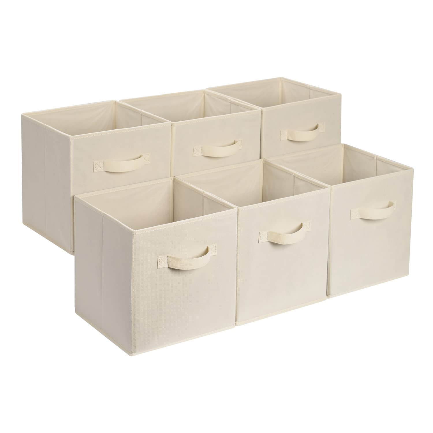 Amazon Basics Collapsible Fabric Storage Bins, Cube Organizer with Handles, 13 x 13 x 13 inch, Beige - Pack of 6