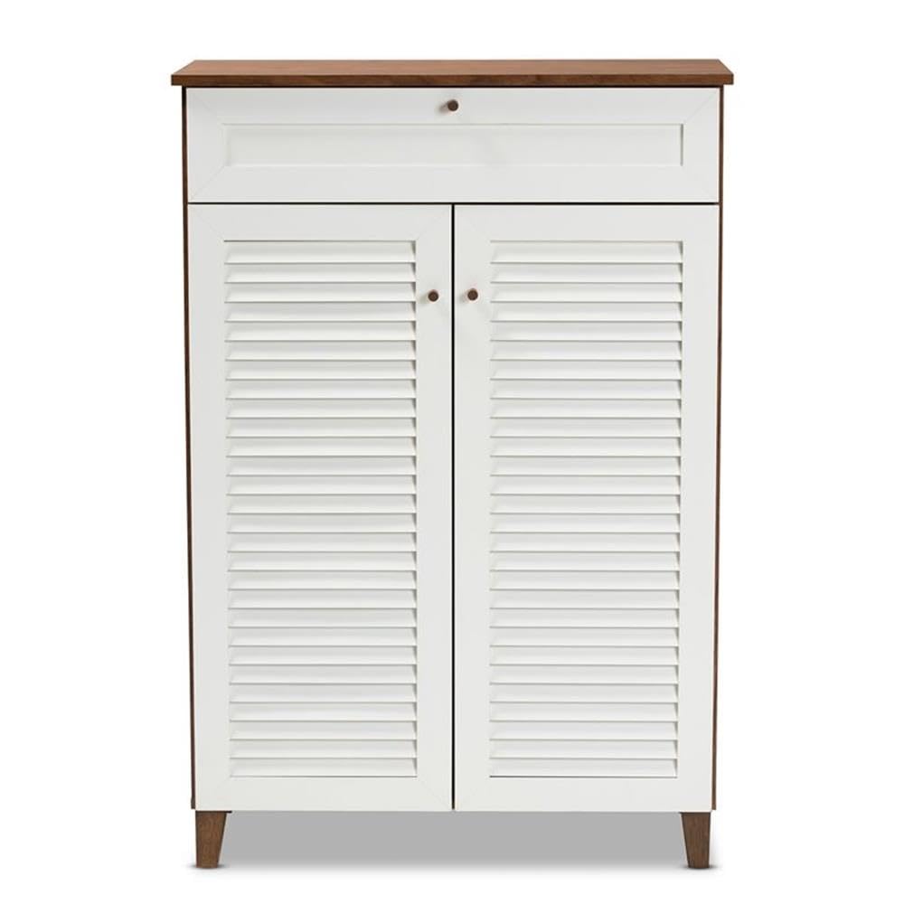 Baxton Studio Coolidge White and Walnut 5-Shelf Wood Shoe Cabinet with Drawer