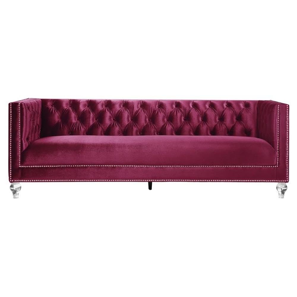 Acme Heibero Button Tufted Velvet Upholstery Sofa with Nailhead Trim in Burgundy