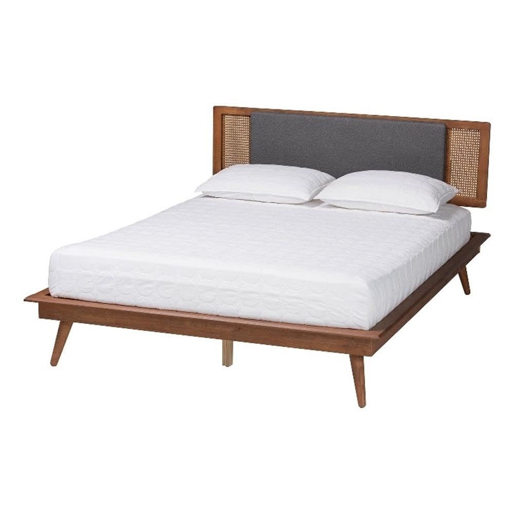 Baxton Studio Delfina Mid-Century Modern Dark Grey Fabric and Walnut Brown Finished Wood King Size Platform Bed