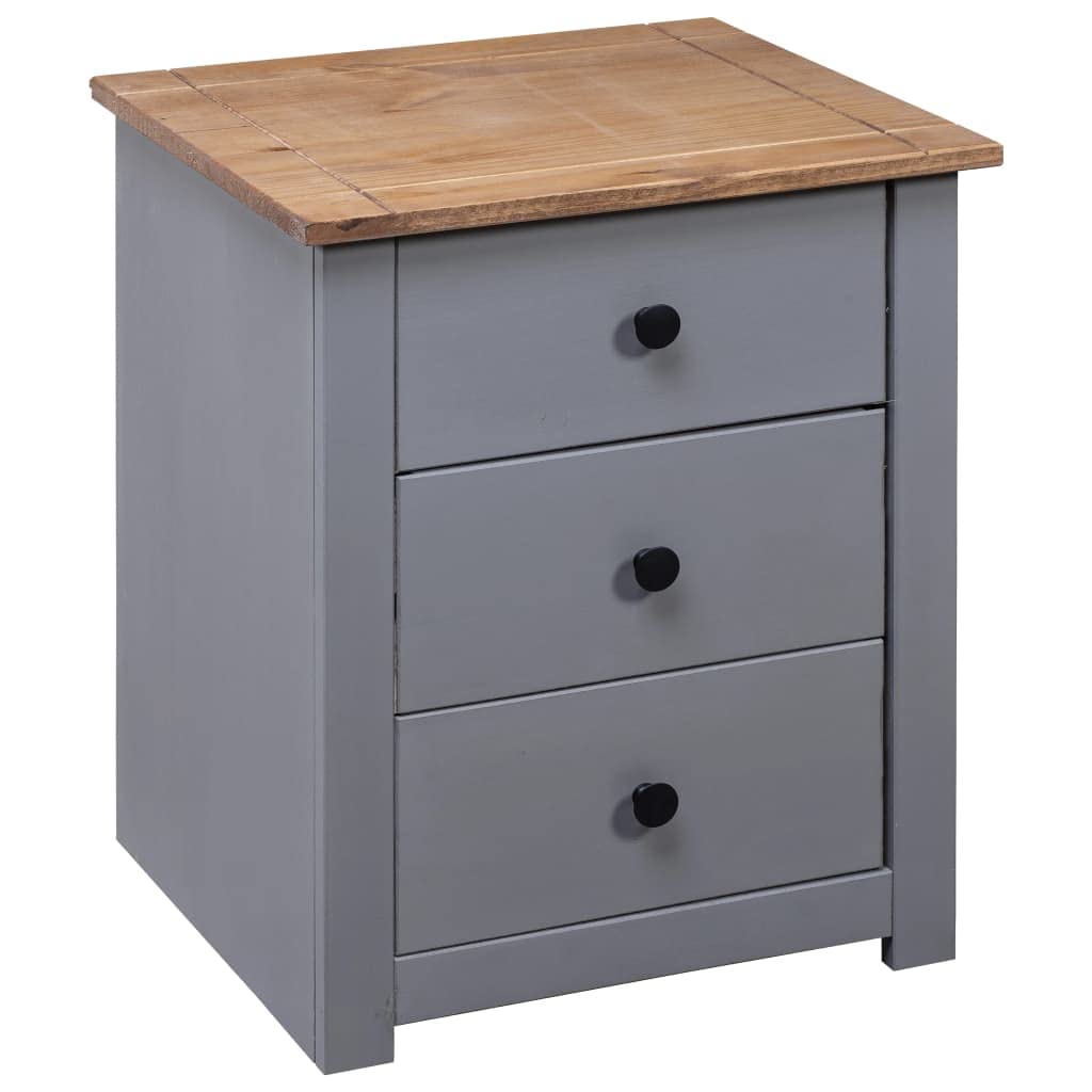 vidaXL Gray Bedside Cabinet, Contemporary Wooden Nightstand, Panama Range, Solid Pine Wood, Three-Drawer Storage, Easy to Assemble, Living Room Couch Table