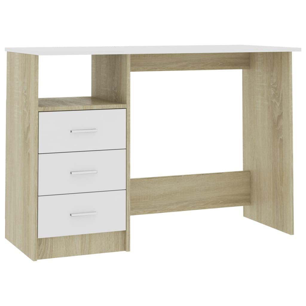 vidaXL Desk with Drawers Home Indoor Computer Gaming Workstation Office Corner Writing Table Desk Furniture White and Sonoma Oak Engineered Wood