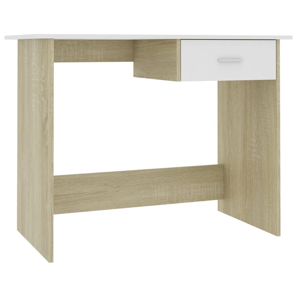 vidaXL Modern Desk in White and Sonoma Oak - Sleek Engineered Wood Construction with Integrated Drawer for Storage and Easy Clean Surface – 39.4x19.7x29.9