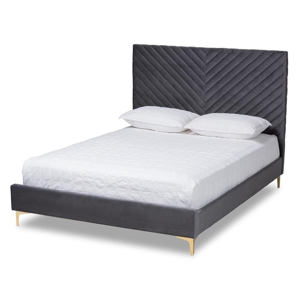 Baxton Studio Fabrico Contemporary Glam and Luxe Grey Velvet Fabric Upholstered and Gold Metal Queen Size Platform Bed