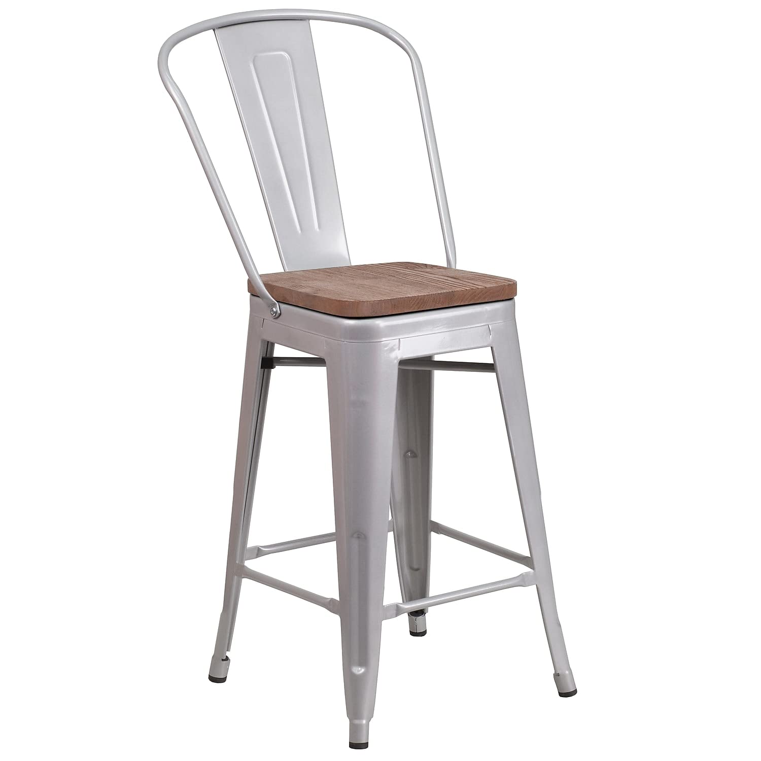 Flash Furniture Lily 24&quot; High Silver Metal Counter Height Stool With Back And Wood Seat (Pack Of 1)