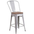 Flash Furniture Lily 24 High Silver Metal Counter Height Stool with Back and Wood Seat (Pack of 1)