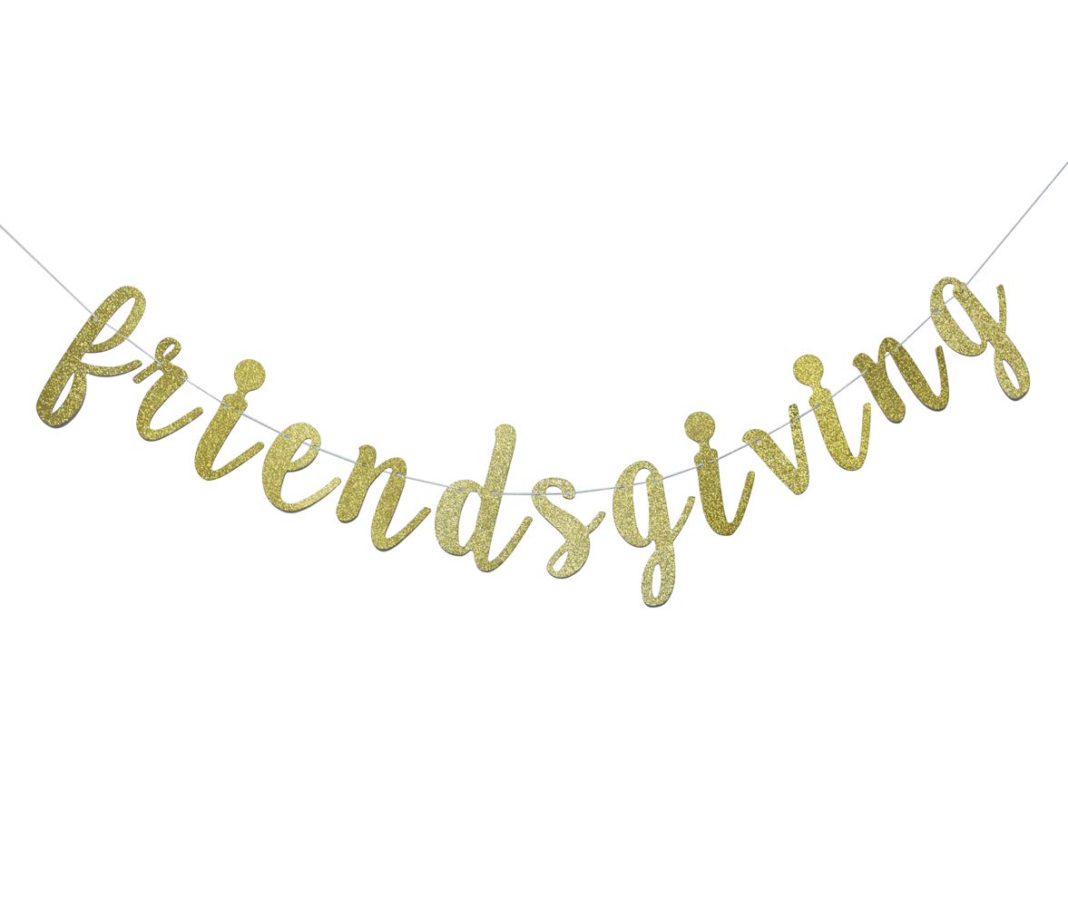 Friendsgiving Banner for Thanksgiving Day Friends Party Decorations Pre-strung Home Garland (Gold Glitter)
