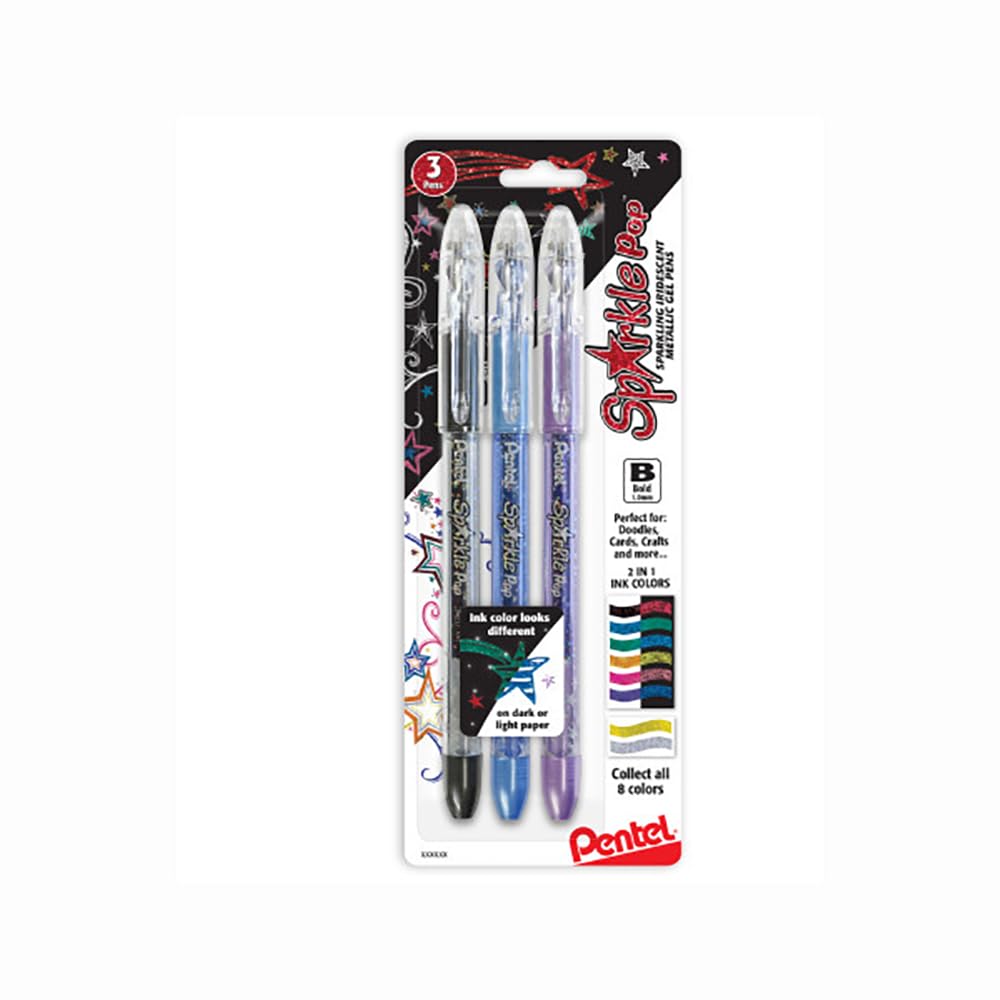 Pentel Sparkle Pop Shimmering Metallic Gel Pen, (1.0Mm) Bold Line, Assorted Iridescent Ink Colors, 3 Pack