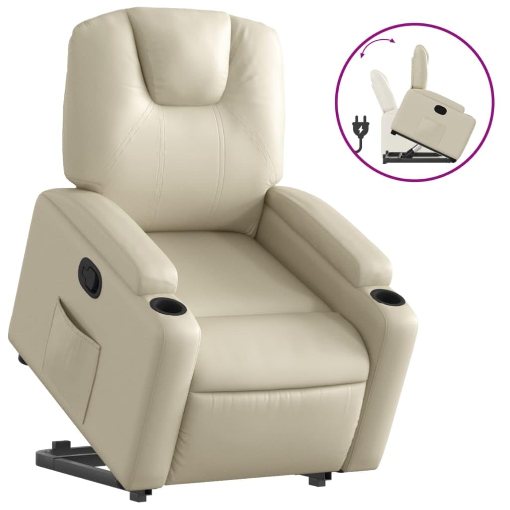 vidaXL Cream Faux Leather Power Lift Recliner Chair - Electric Motor Stand-Up Assistance, Manual Recline, Padding, Storage Featu