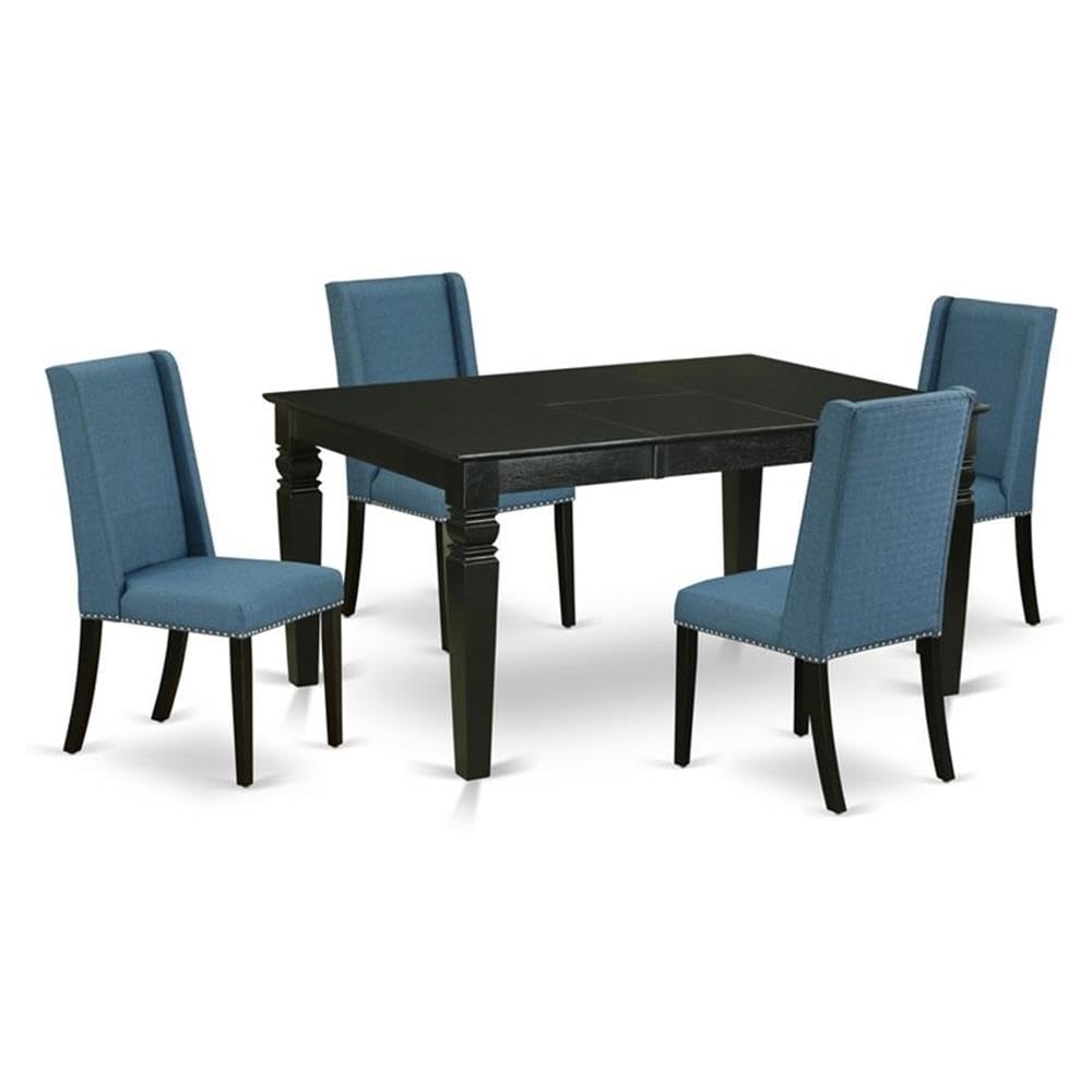 East West Furniture Wefl5-Blk-21 5 Piece Dining Table Set For 4 Includes A Rectangle Kitchen Table With Butterfly Leaf And 4 Blue Linen Fabric Upholstered Chairs, 42X60 Inch, Black