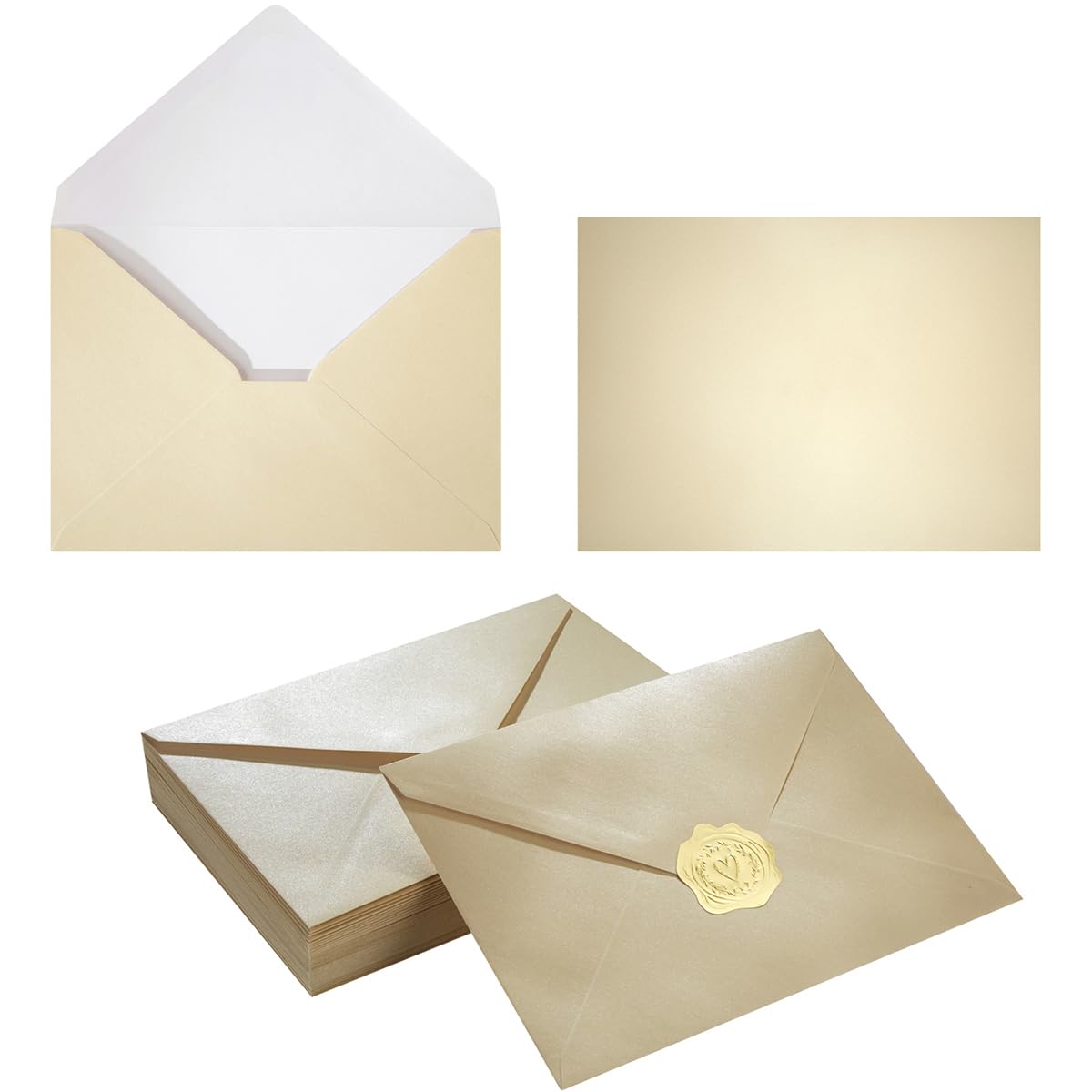 50 Pieces Shiny Envelopes With Gold Stickers For Wedding Invitation Cards, Graduation, Baby Shower, Greeting Cards (Cream Color,