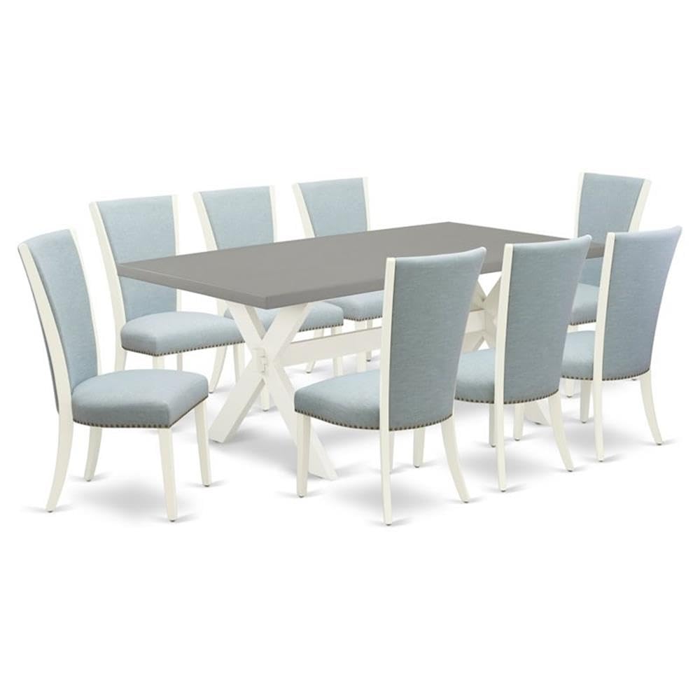 East West Furniture X097VE215-9 9 Piece Dining Room Set Includes a Rectangle Dining Table with X-Legs and 8 Baby Blue Linen Fabric Upholstered Chairs, 40x72 Inch, Multi-Color