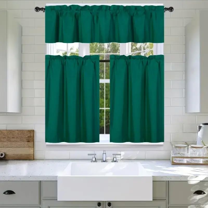 3Pc Set Solid Faux Silk Lined Blackout Rod Pocket Small Kitchen Window Curtain with Valance (K3) (Hunter Green)