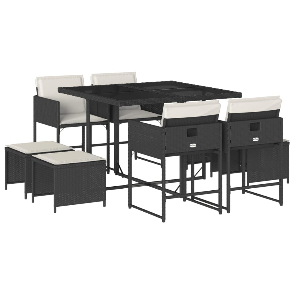 vidaXL 9 Piece Patio Dining Set with Cushions - Black Poly Rattan, Glass Top Table, Foldable Chairs, Stools for Garden, Patio, Backyard